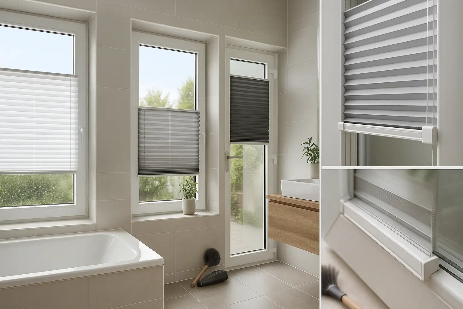 Plissees Top-Down/Bottom-Up – Pflege, Reinigung und langlebiger Sonnenschutz für Fenster und Türen Plissees Top-Down/Bottom-Up an Fenstern und Tür im Bad, Pflege mit weichem Tuch, lichtdurchlässig bis verdunkelnd, feuchtraumgeeignet, saubere Spannseile