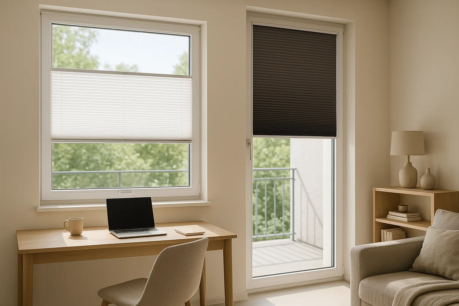 Plissee Top-Down/Bottom-Up für Fenster und Türen – flexibler Sonnenschutz, Sichtschutz und Blendschutz, lichtdurchlässig bis verdunkelnd, feuchtraumgeeignet Plissee Top-Down/Bottom-Up an Fenster und Terrassentür mit variablen Zonen für Sichtschutz, Tageslicht und Blendschutz, seitliche Spannseile, verschiebbare Griffleisten, rahmengeführte Schienen, lichtdurchlässiger bis verdunkelnder Stoff, feuchtraumgeeignet, flexibler Sonnenschutz