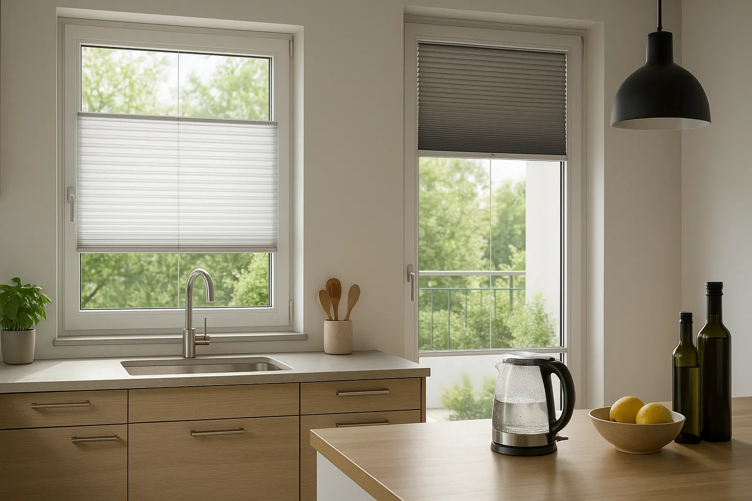 Plissee Top-Down/Bottom-Up Sonnenschutz für Fenster und Türen – lichtdurchlässig bis verdunkelnd, feuchtraumgeeignet Plissee Sonnenschutz Top-Down/Bottom-Up an Fenster und Terrassentür in moderner Küche, halbtransparentes Gewebe am Fenster, dimout am Türflügel, feuchtraumgeeignete Materialien, Sichtschutz in Augenhöhe, Tageslicht von oben, präzise Glasleistenmontage, schnurlose Griffleisten