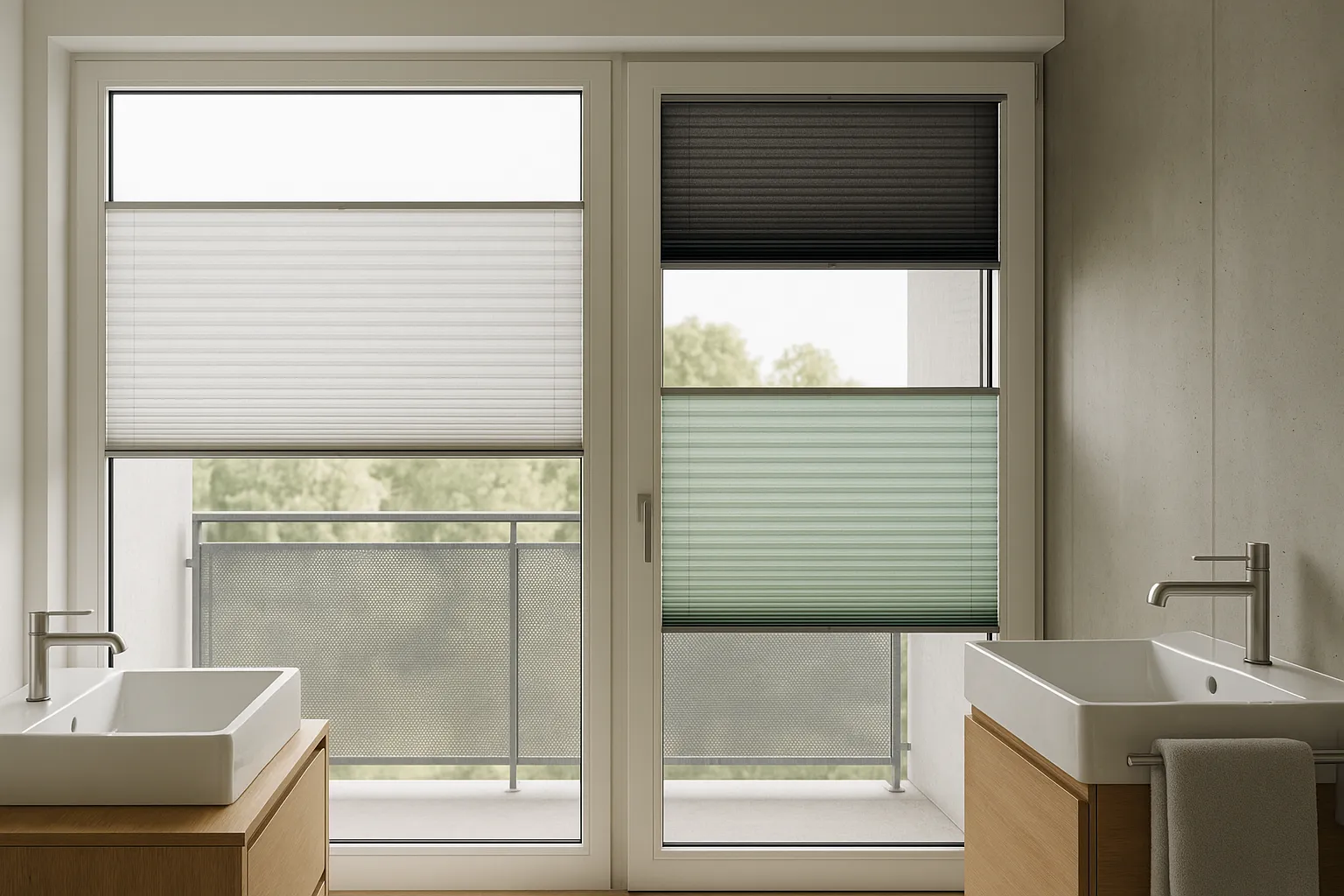 Plissee Sonnenschutz Top-Down Bottom-Up Glasleistenmontage feuchtraumgeeignet lichtdurchlässig bis verdunkelnd moderner Innenraum Plissees an Fenster und Glastür mit Top-Down/Bottom-Up-Funktion, von lichtdurchlässig bis verdunkelnd, feuchtraumgeeignet, Glasleistenmontage mit schmalen Profilen und flachen Griffen, moderner Innenraum mit Holz, Sichtbeton, Metall und feinen Textilien, außenliegender Screen sichtbar